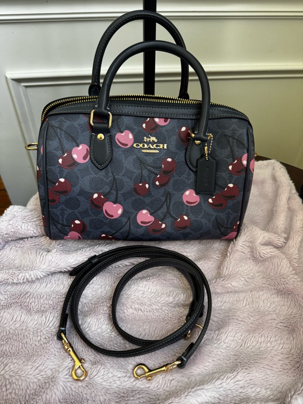 Coach Navy Signature Regular Satchel with Pink & Red Cherry Print - Picture 3 of 4